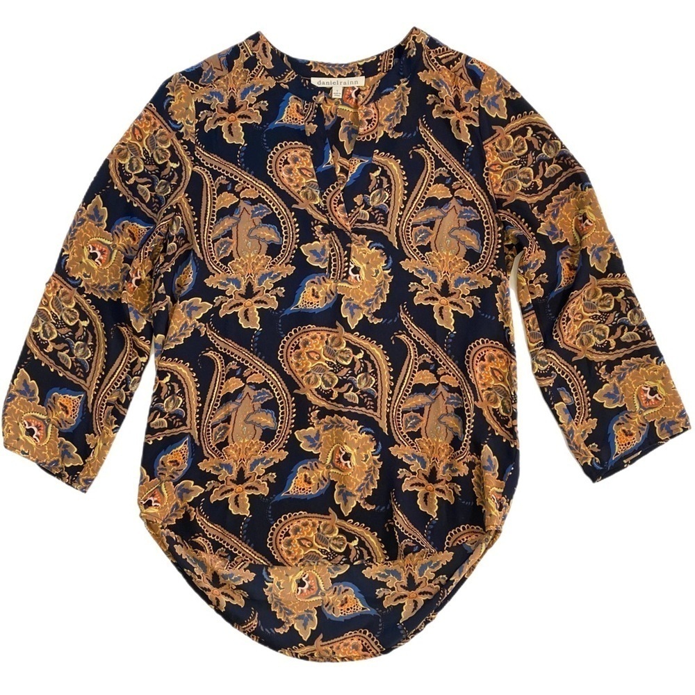 Boho paisley on blue tunic top with straps for cinching sleeves Daniel Rainn